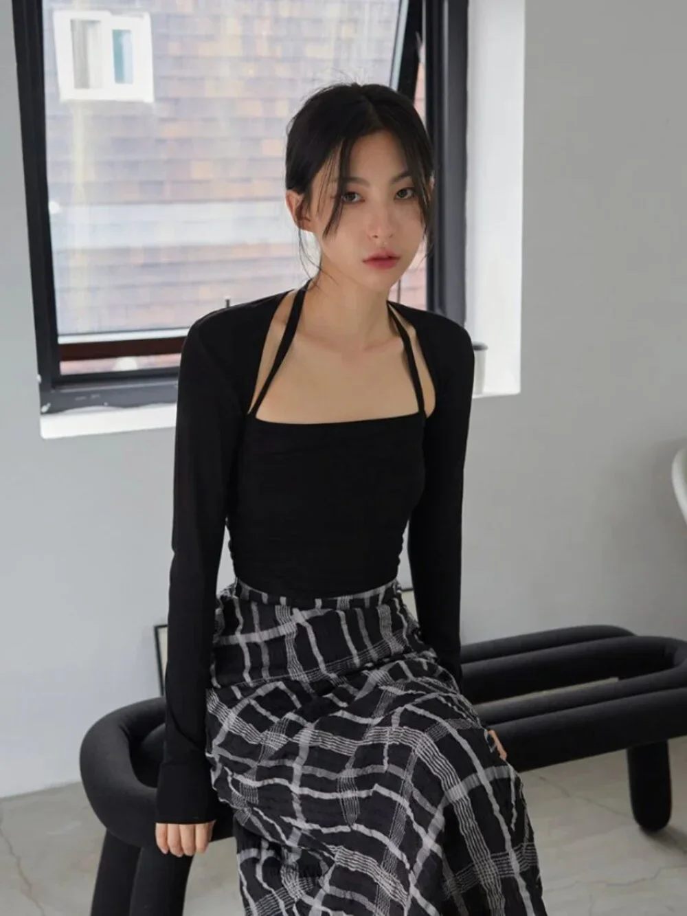 Lewkin Checked Pattern Maxi Flare Skirt - Picture 3 of 4